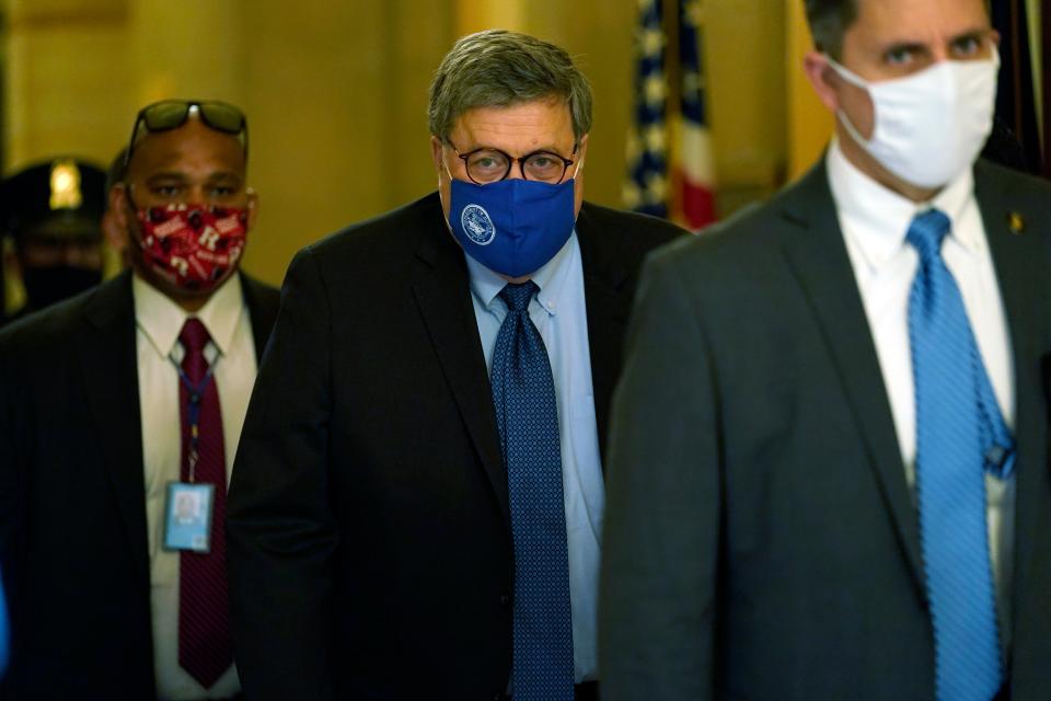 Attorney General William Barr leaves the office of Senate Majority Leader Mitch McConnell of Ky., on Capitol Hill in Washington, Monday, Nov. 9, 2020. (AP Photo/Susan Walsh) (AP)