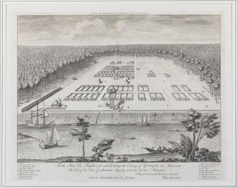 One of 32 rare antique maps to be auctioned during Everard’s three-day auction series, a rare and important Peter Gordon (1697-1740) map of Savannah, Georgia, 1734. Size: 21 5/8in x 28 5/8in. First known printed view of Savannah, illustrates Georgia Colony founder General James E. Oglethorpe’s original plan of the city. One of possibly five such maps in private hands. From the John and Virginia Duncan collection, Savannah, Ga. Estimate $100,000-$150,000.