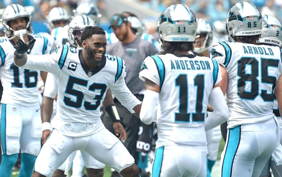 Carolina Panthers defensive end Brian Burns, left, celebrates wide receiver DJ MooreÕs, right, touchdown pass reception during second quarter action against the New Orleans Saints at Bank of America Stadium in Charlotte, NC on Sunday, September 18, 2021.The Panthers defeated the Saints 26-7.