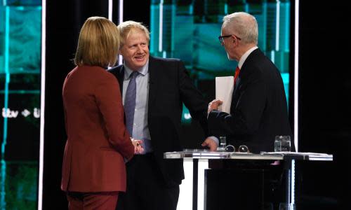 Johnson v Corbyn: The ITV Debate, Manchester, UK - 19 Nov 2019<br>Free for UK editorial use until 00:01 Thursday 19th Dec 2019.
Mandatory Credit: Photo by Jonathan Hordle/ITV/REX/Shutterstock (10479458co)
Julie Etchingham, Jeremy Corbyn and Boris Johnson during tonight's live debate
(Picture available for editorial use only until December 19th 2019)
Johnson v Corbyn: The ITV Debate, Manchester, UK - 19 Nov 2019