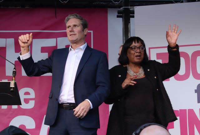 Sir Keir Starmer and Diane Abbott on stage during a rally in 2019.