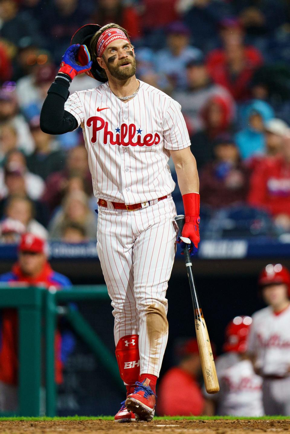 Philadelphia Phillies' Bryce Harper reacts during a baseball game against the Boston Red Sox, Friday, May 5, 2023, in Philadelphia. The Red Sox won 5-3.