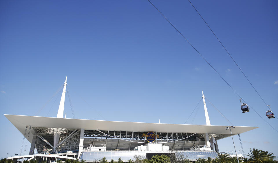 Hard Rock Stadium is seen along side of the new new gondolas during a tour of Hard Rock Stadium on Tuesday, Jan. 21, 2020, ahead of the NFL Super Bowl LIV football game in Miami Gardens, Fla. (AP Photo/Brynn Anderson)