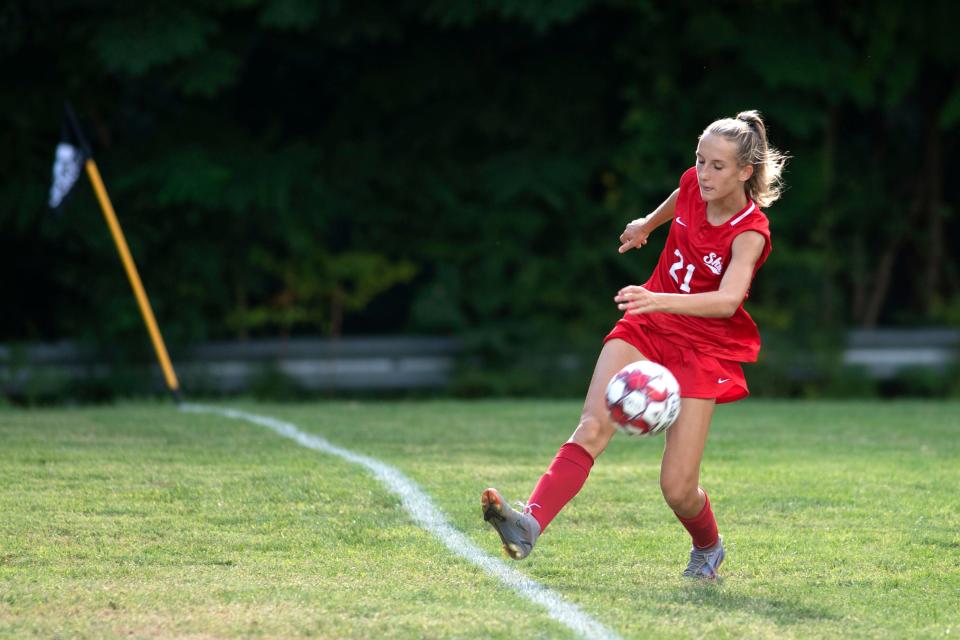 Neshaminy forward Kylie Maxwell runs to save the ball from going out at Neshaminy High School on Tuesday, Sept. 20, 2022. The Skins defeated the Rams at home 2-1.