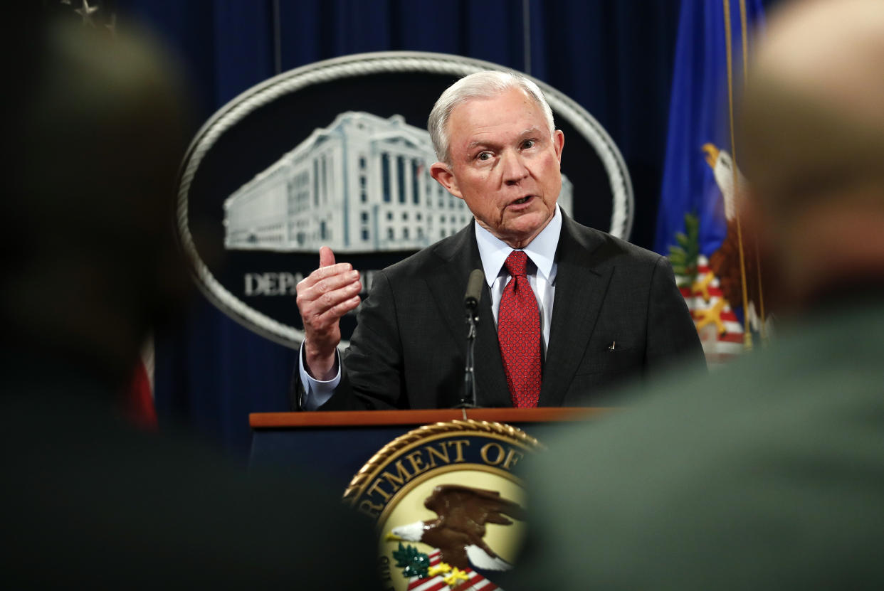 Attorney General Jeff Sessions speaks during a news conference at the Justice Department in Washington, D.C., on Dec. 15, 2017, about efforts to reduce violent crime. (Photo: Carolyn Kaster/AP)