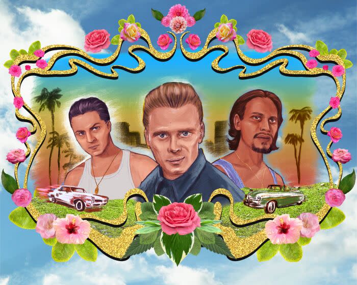 Illustrations of Benjamin Bratt, Damian Chapa and Jesse Borrego on a sky background with vintage cars