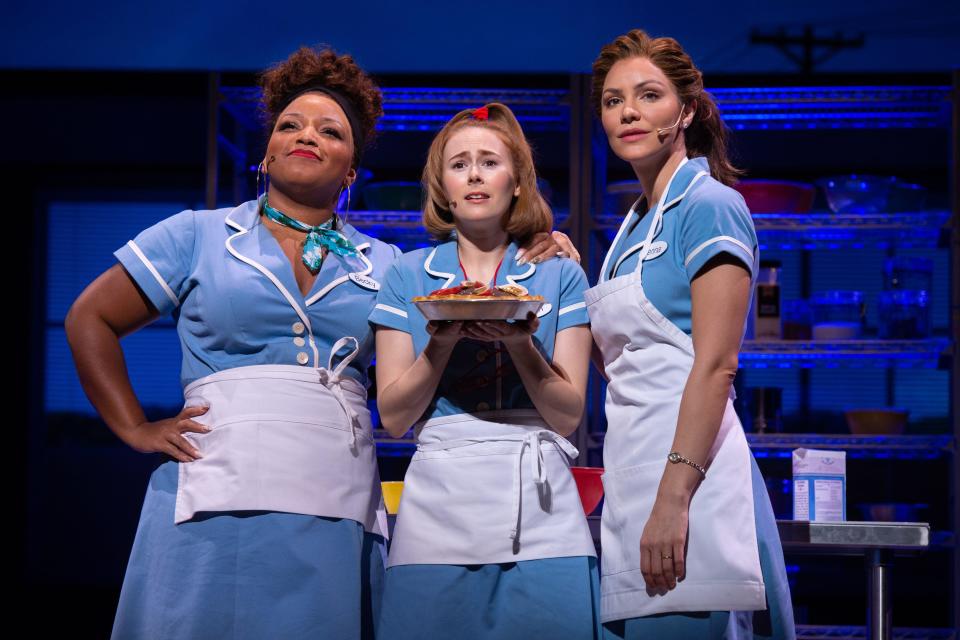 Marisha Wallace, Katherine McPhee and Laura Baldwin during a media call for the new West End musical 'Waitress' at the Adelphi Theatre, in The Strand, central London. Picture date: Thursday February 7th, 2019. Photo credit should read: Matt Crossick/ EMPICS Entertainment.