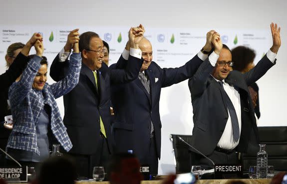 Officials celebrate the adoption of the Paris Climate Agreement in December 2015.