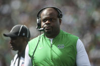 Marshall head coach Charles Huff walks the sideline against Notre Dame during an NCAA college football game Saturday, Sept. 10, 2022, in South Bend, Ind. Marshall won 26-21. (Sholten Singer/The Herald-Dispatch via AP)