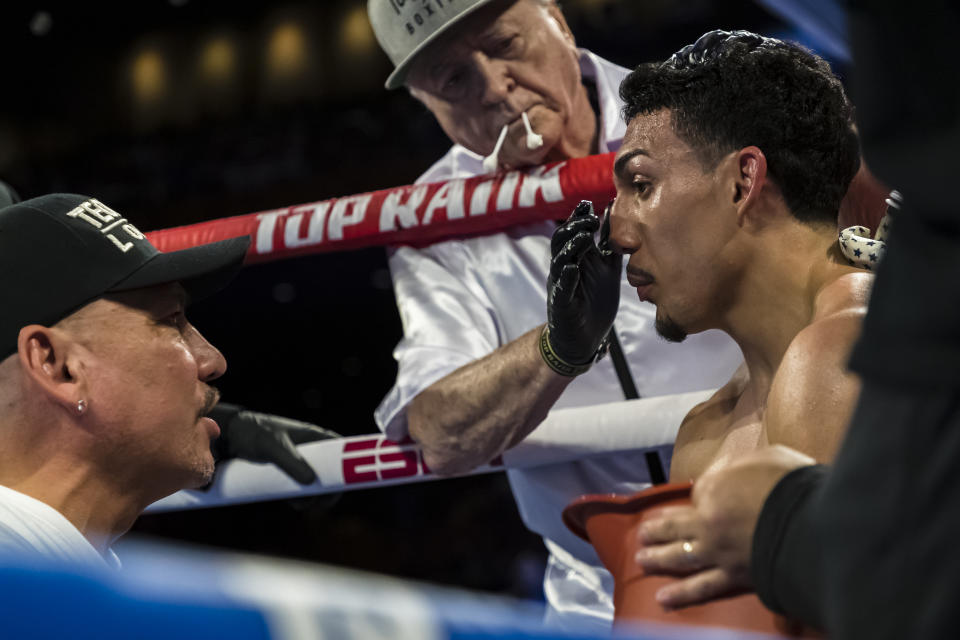 Teofimo Lopez in his corner during his lightweight IBF title elimination fight against Masayoshi Nakatani (not pictured) at The Theater at MGM National Harbor on July 19, 2019 in Oxon Hill, Maryland. (Photo by Scott Taetsch/Getty Images)