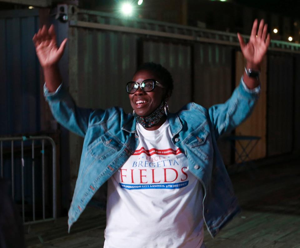 Bregetta Fields celebrates her win the Wilmington City council District 5 race Tuesday at Constitution Yards.