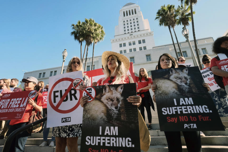 FILE - In this Sept. 18, 2018, file photo, Margo Paine, center, joins protesters with the People for the Ethical Treatment of Animals (PETA) holding signs to ban fur in Los Angeles prior to a news conference at Los Angeles City. California will be the first state to ban the sale and manufacture of new fur products and the third to bar most animals from circus performances under a pair of bills signed Saturday, Oct. 12, 2019 by Gov. Gavin Newsom. (AP Photo/Richard Vogel, File)