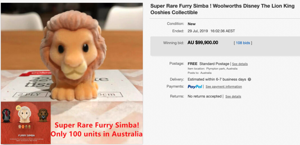 Picture of the original rare furry Simba Ooshie listing, where it says the winning bid was $99,900.