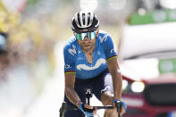 Spain's Alejandro Valverde crosses the finish line in second place during the fifteenth stage of the Tour de France cycling race over 191.3 kilometers (118.9 miles) with start in Ceret and finish in Andorra-la-Vella, Andorra, Sunday, July 11, 2021. (AP Photo/Christophe Ena)