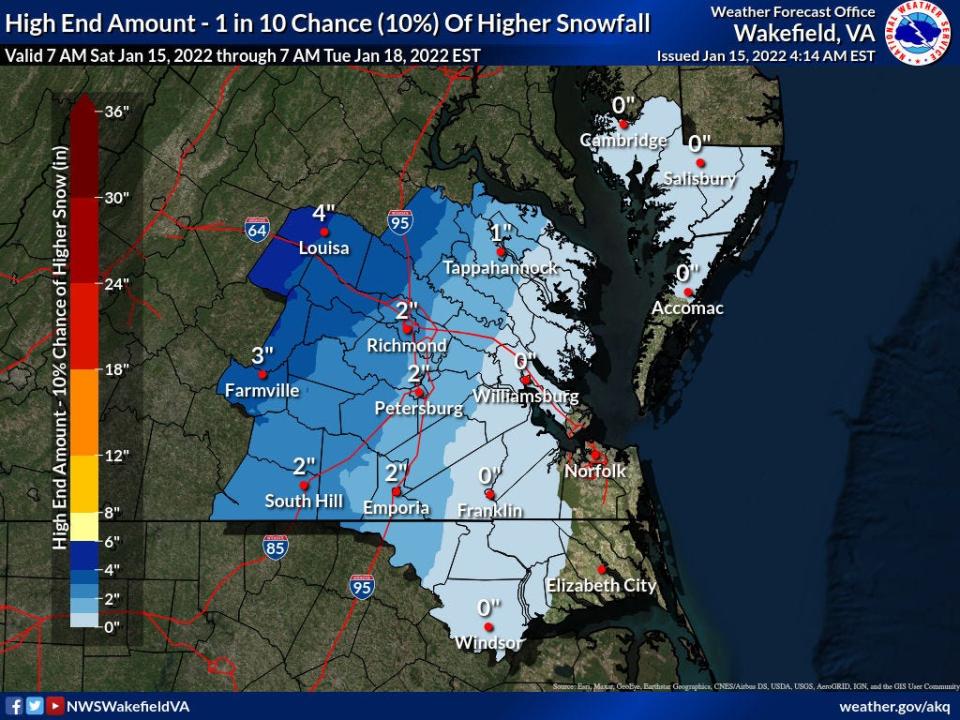 The National Weather Service in Wakefield issued this map of the highest amount of snow that could fall. For our area, the maximum is two inches.