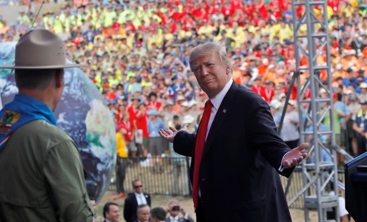 Trump gestures while delivering remarks at the 2017 National Scout Jamboree in West Virginia, on Tuesday. (Photo: Carlos Barria/Reuters)