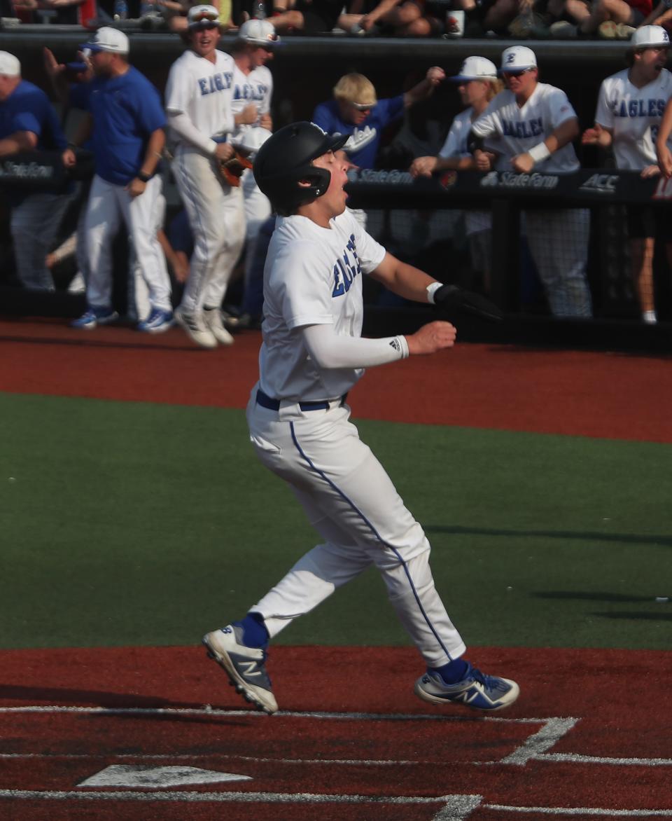 Eastern’s Ethan Elmore scores against St. X in the 7th Region Championship. May 26, 2023