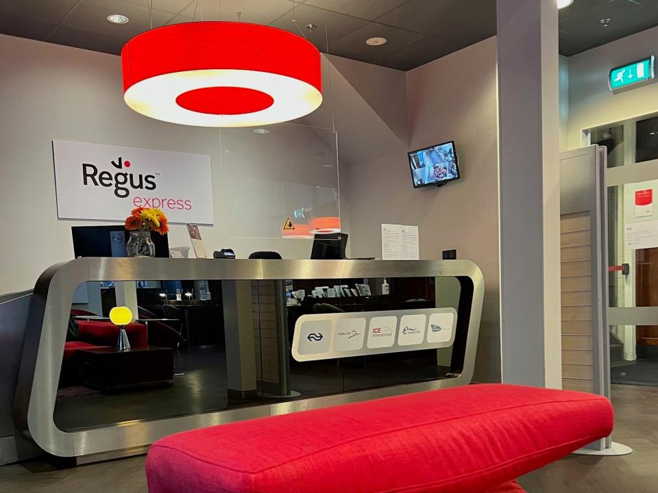 The check-in counter at the NS International Lounge at Amsterdam Central Station.