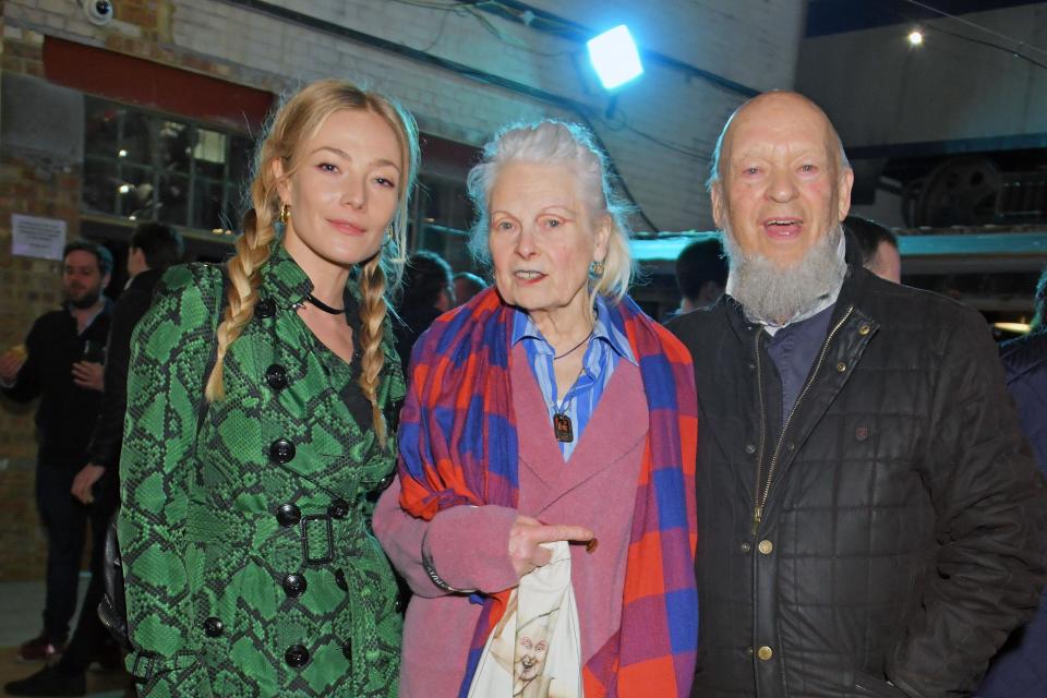 Sculpture show attendees: Clara Paget, Vivienne Westwood & Michael Eavis (David M. Benett/Dave Benett/Getty Images)