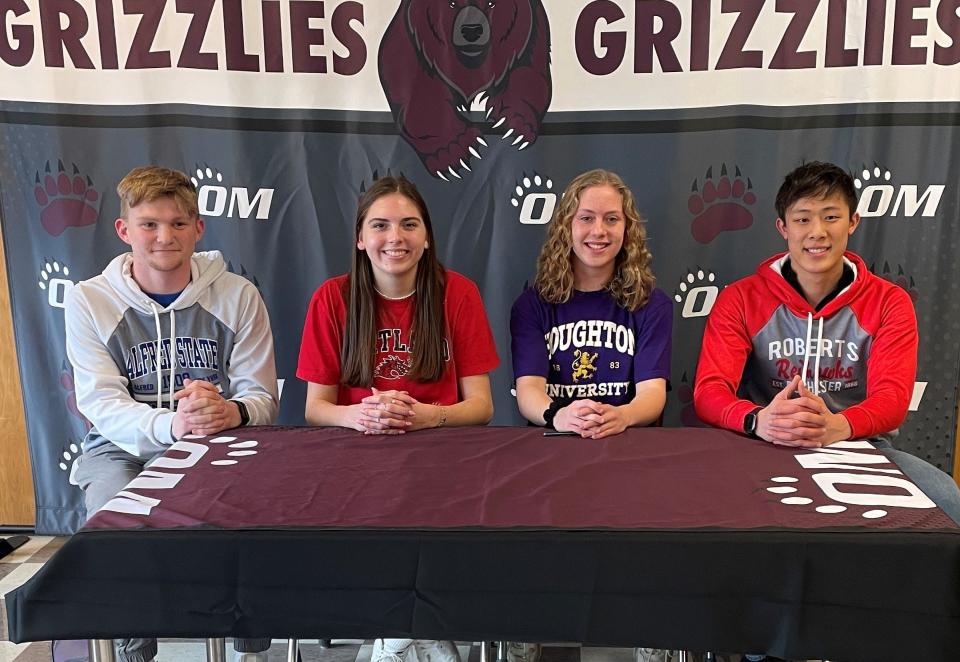 Odessa-Montour seniors, from left, Daniel Lewis, Hannah Nolan, Victoria Brewster and Jon Spencer during a signing celebration at O-M on March 9, 2023. Lewis signed with Alfred State for baseball, Nolan signed with SUNY Cortland for soccer, Brewster signed with Houghton University for track 7 field, and Spencer signed with Roberts Wesleyan for swimming.