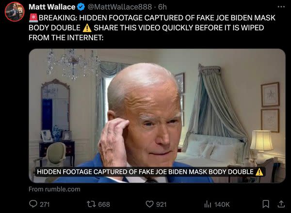 X user Matt Wallace created posts and video making the evidence-free claim President Joe Biden had a so-called body double.