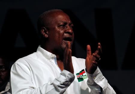 John Dramani Mahama, Ghana's president and National Democratic Congress (NDC) presidential candidate sings during his rally at Accra sport stadium, in Accra, Ghana December 5, 2016. REUTERS/Luc Gnago