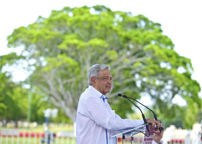 Mexico's President Andres Manuel Lopez Obrador speaks during a news conference at the Pemex's refinery Ingeniero Antonio Dovali Jaime in Salina Cruz