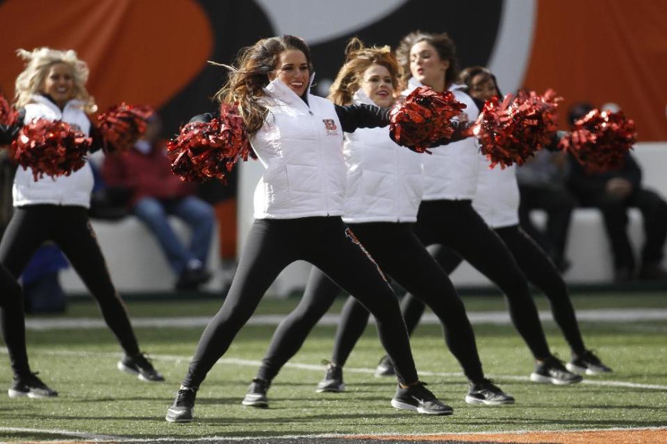 <p>The Cincinnati Bengals cheerleaders perform before an NFL football game against the Buffalo Bills, Sunday, Nov. 20, 2016, in Cincinnati. (AP Photo/Frank Victores) </p>