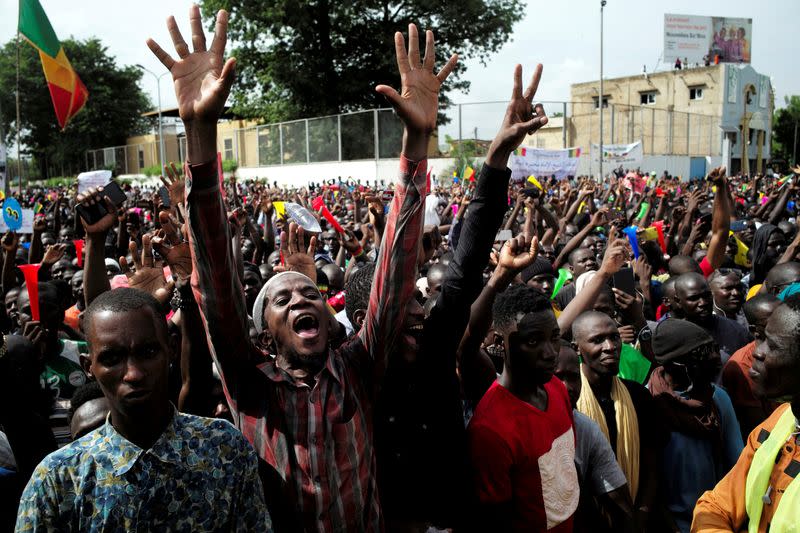 Supporters of Imam Mahmoud Dicko and other opposition political parties protest against President Ibrahim Boubacar Keita in Bamako