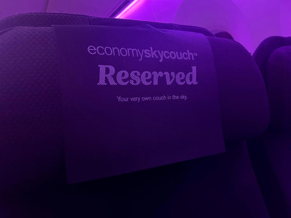 Reserved signage on the Skycouch headrest.