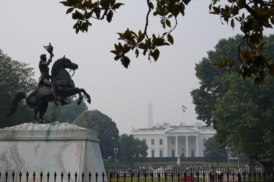 <p>Smoke from Canadian wildfires obscures the view of the White House in Washington, Thursday, June 8, 2023. Intense Canadian wildfires are blanketing the northeastern U.S. in a dystopian haze, turning the air acrid, the sky yellowish gray and prompting warnings for vulnerable populations to stay inside. (AP Photo/Susan Walsh)</p> 