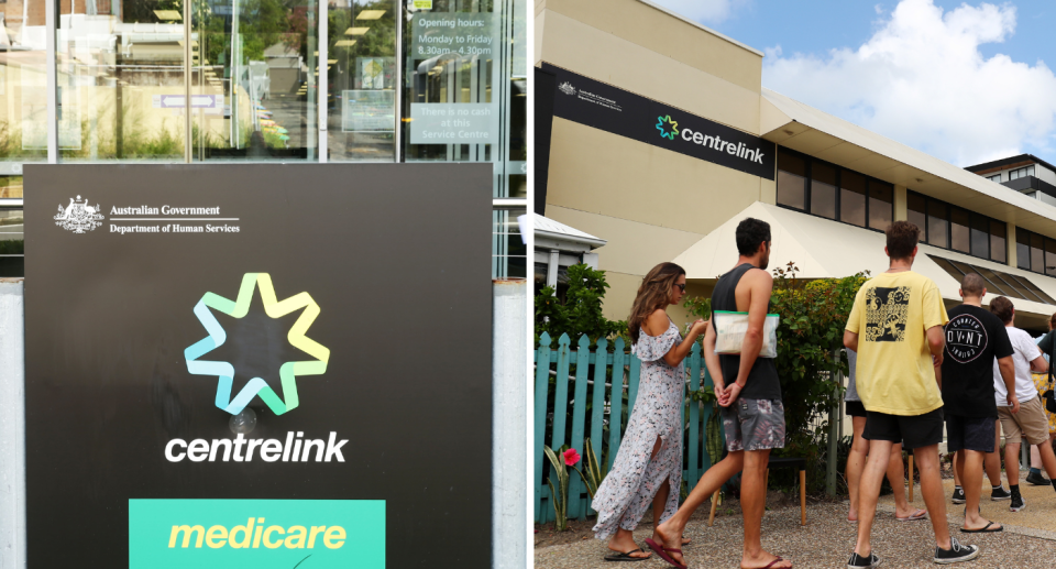 Centrelink sign next to people walking alongside a Centrelink building