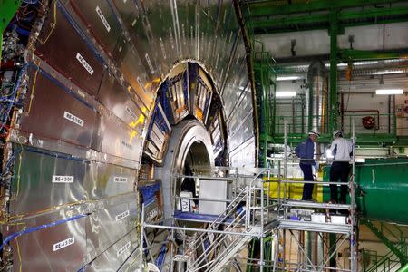 Technicians work in the Compact Muon Solenoid (CMS) experiment, part of the Large Hadron Collider (LHC), during a media visit to the Organization for Nuclear Research (CERN) in Cessy, France, near Geneva in Switzerland, July 23, 2014. REUTERS/Pierre Albouy