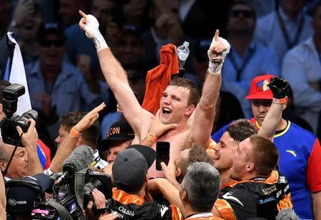 Boxing - Manny Pacquiao v Jeff Horn - WBO World Welterweight Title - Brisbane, Australia - July 2, 2017. Jeff Horn of Australia celebrates his win over Manny Pacquiao of the Philippines. AAP/Dan Peled/via REUTERS