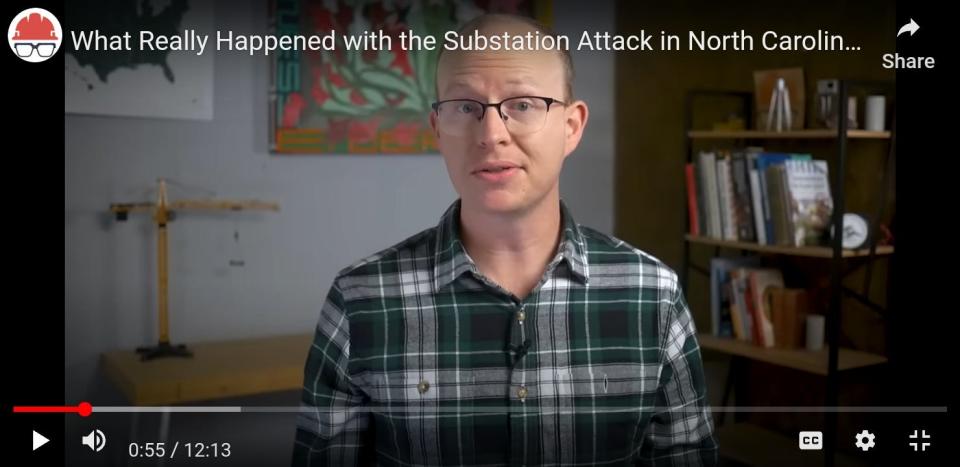 Grady Hillhouse, a civil engineer and author, is host of the Practical Engineering series on YouTube. The series featured a video on the December gunshot attacks on two electrical power substations in Moore County. The crime remains unsolved.