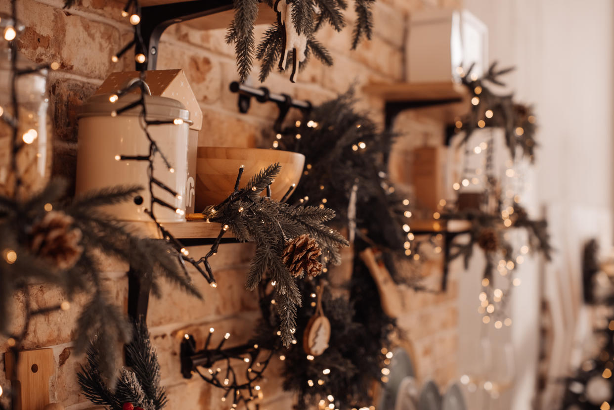 Blur christmas lights on wooden planks, low depth of focus with copyspace