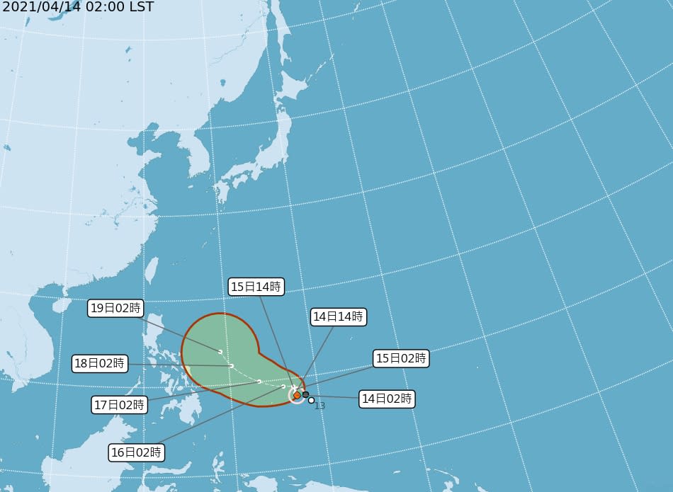 原位於菲律賓東南方遠海的熱帶性低氣壓，已於今天凌晨2時增強為今年第2號颱風「舒力基」。（取自氣象局網站）