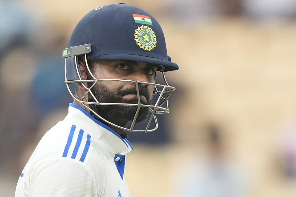 India's Virat Kohli reacts as he leaves the field after losing his wicket on the second day of the first cricket test match between India and Bangladesh, in Chennai, India, Friday, Sept.20, 2024. (AP Photo/Mahesh Kumar A.)