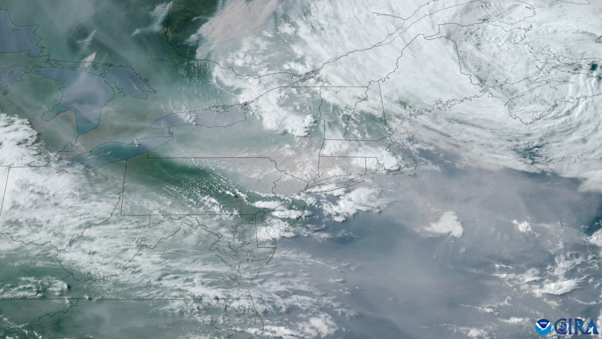 Satellite images show thick smoke gathering over the Northeast United States. / Credit: THE NATIONAL COOPERATIVE INSTITUTE FOR RESEARCH IN THE ATMOSPHERE AT COLORADO STATE AND THE NATIONAL OCEANIC AND ATMOSPHERIC ADMINISTRATION (CSU/CIRA & NOAA)