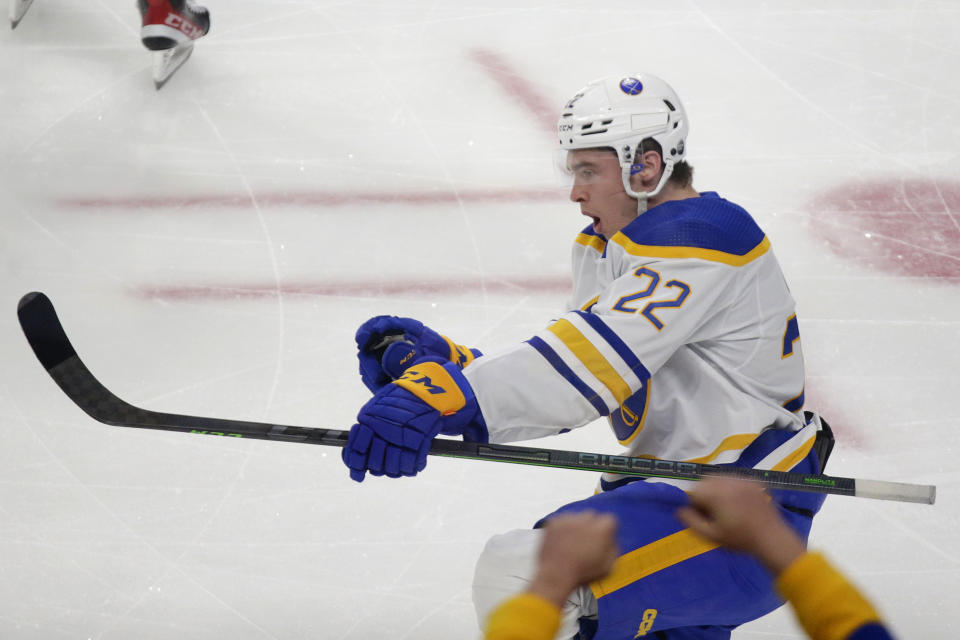 Buffalo Sabres right wing Jack Quinn celebrates after scoring a goal in the first period of an NHL hockey game against the Minnesota Wild, Saturday, Jan. 28, 2023, in St. Paul, Minn. (AP Photo/Andy Clayton-King)