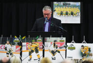 Kevin Garinger, President of the Humboldt Broncos, speaks during a vigil at the Elgar Petersen Arena, home of the Humboldt Broncos, to honour the victims of a fatal bus accident in Humboldt, Saskatchewan, Canada April 8, 2018. Jonathan Hayward/Pool via REUTERS