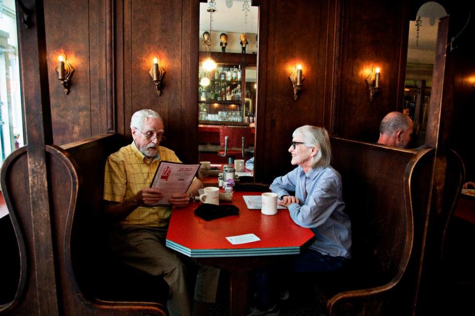 Bob and Jackie Thompson, who have been going to The Mecca in Raleigh for 10 years, were happy to stop in for coffee Tuesday morning, May 24, 2022, for the restaurant’s first day back open.