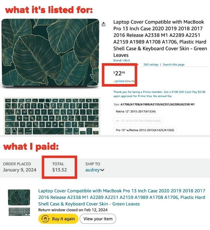 Amazon purchase discrepancy showing a laptop cover listed for $22.99, but the total paid, including shipping, is $13.52. Order placed January 9, 2024