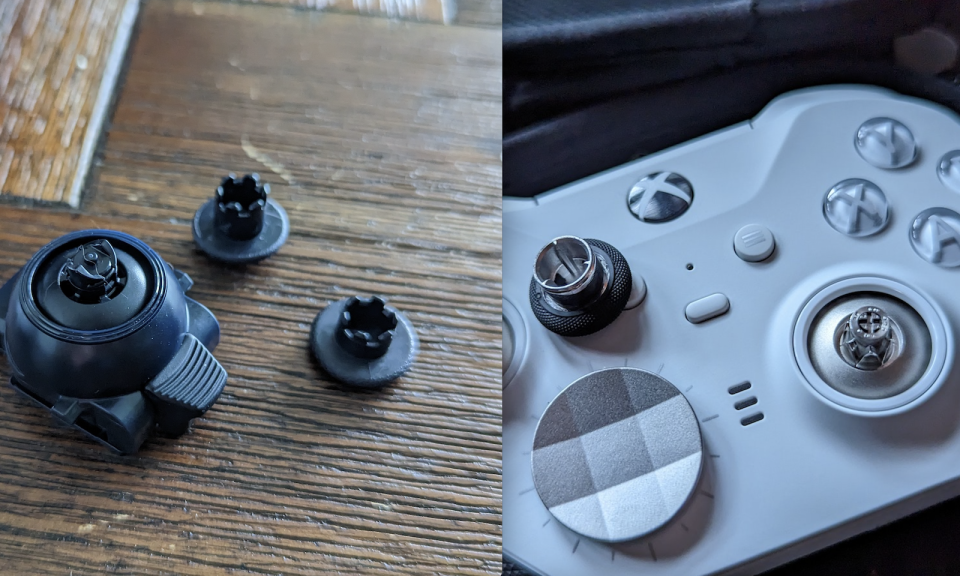 A composite picture of the DualSense Edge's detachable analog sticks and the Xbox Elite controller.
