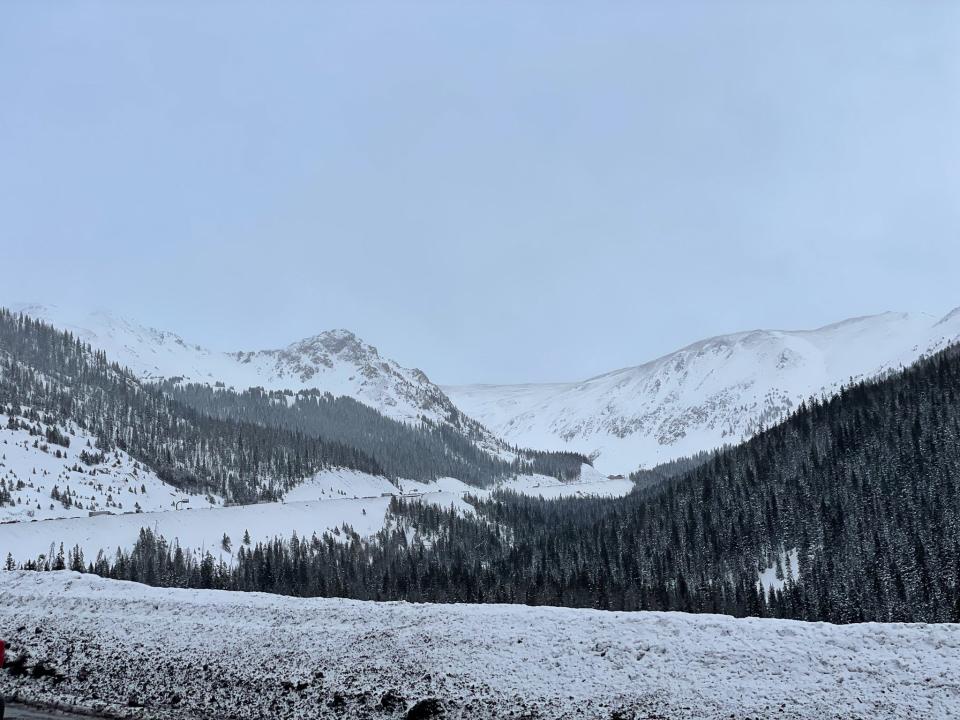 A long line of traffic on Colorado's I-70 highway.