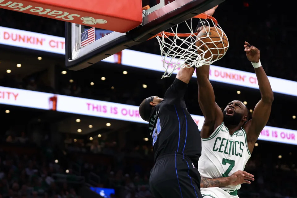 BOSTON, MASSACHUSETTS - JUNE 06: Jaylen Brown #7 of the Boston Celtics dunks the ball against Daniel Gafford #21 of the Dallas Mavericks during the second quarter in Game One of the 2024 NBA Finals at TD Garden on June 06, 2024 in Boston, Massachusetts. NOTE TO USER: User expressly acknowledges and agrees that, by downloading and or using this photograph, User is consenting to the terms and conditions of the Getty Images License Agreement. (Photo by Maddie Meyer/Getty Images)