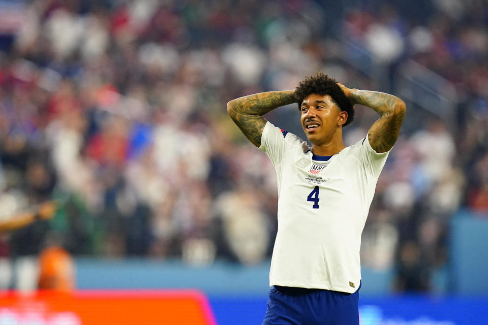 Jun 18, 2023; Las Vegas, Nevada, USA; USA defender Chris Richards (4) reacts after defeating Canada at Allegiant Stadium. Mandatory Credit: Lucas Peltier-USA TODAY Sports