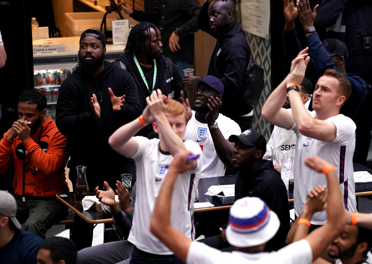 England fan and rapper Stormzy watches the UEFA Euro 2020 round of 16 match between England and Germany at BOXPARK Croydon in London. Picture date: Tuesday June 29, 2021.