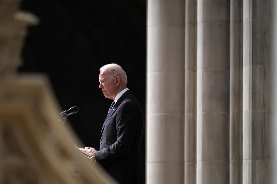 President Joe Biden speaks during the funeral service for former Virginia Sen. John Warner at the Washington National Cathedral, in Washington, Wednesday, June 23, 2021. (AP Photo/Evan Vucci)