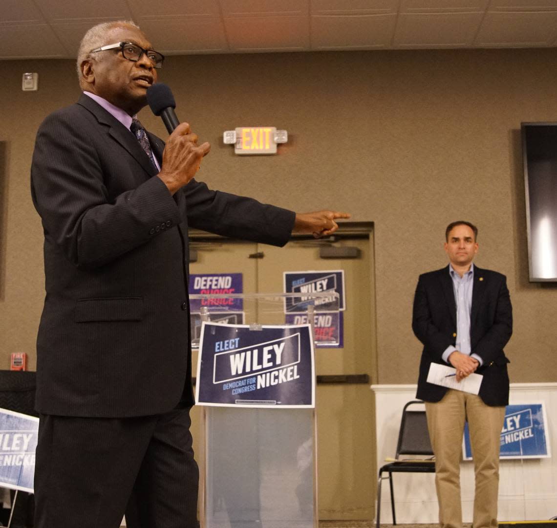 U.S. House Majority Whip Jim Clyburn speaks at a campaign event in Smithfield, N.C. in support of Wiley Nickel, a Democrat running for Congress from the 13th district.
